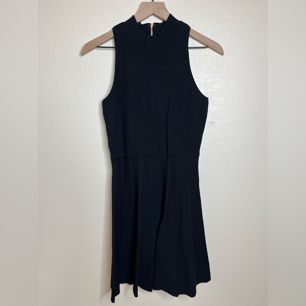 Great Jones Jacquard Mini Dress Black Fit Flare Mock Neck Quiet Luxury Chic LBD - Picture 2 of 11
